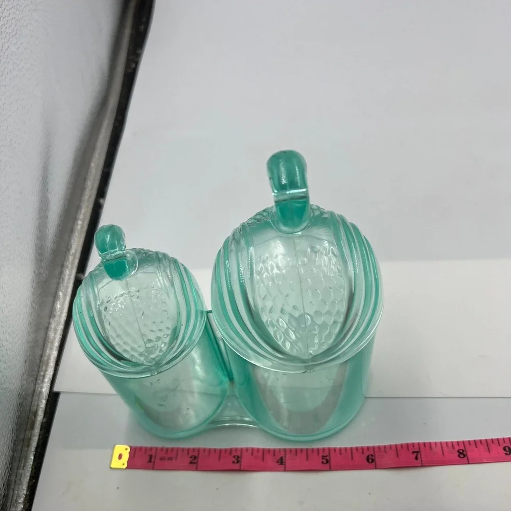 Vintage Aqua Plastic Double Vanity Canister Figural Swan Lids Retro Organizer